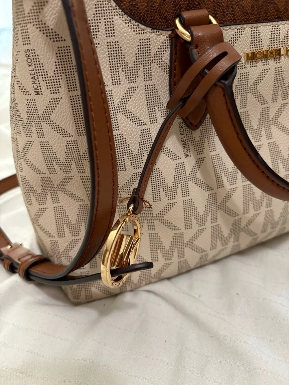 Michael Kors Beige Logo Satchel with Brown Trim and Gold Hardware
